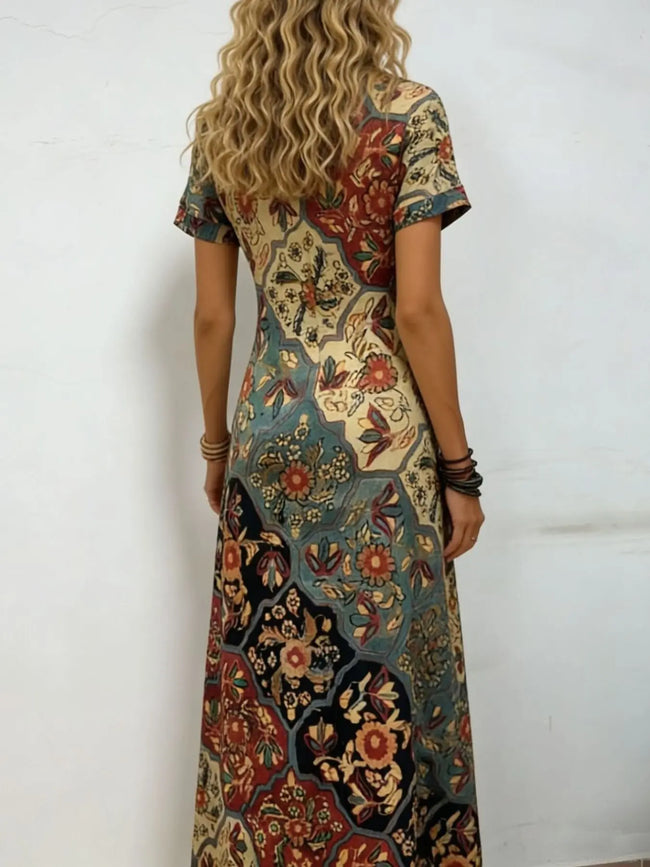 Printed V-Neck Short Sleeve Midi Dress  Style Ratio