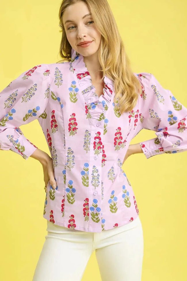 Umgee Floral Print Lantern Sleeve Button Down Blouse  Style Ratio
