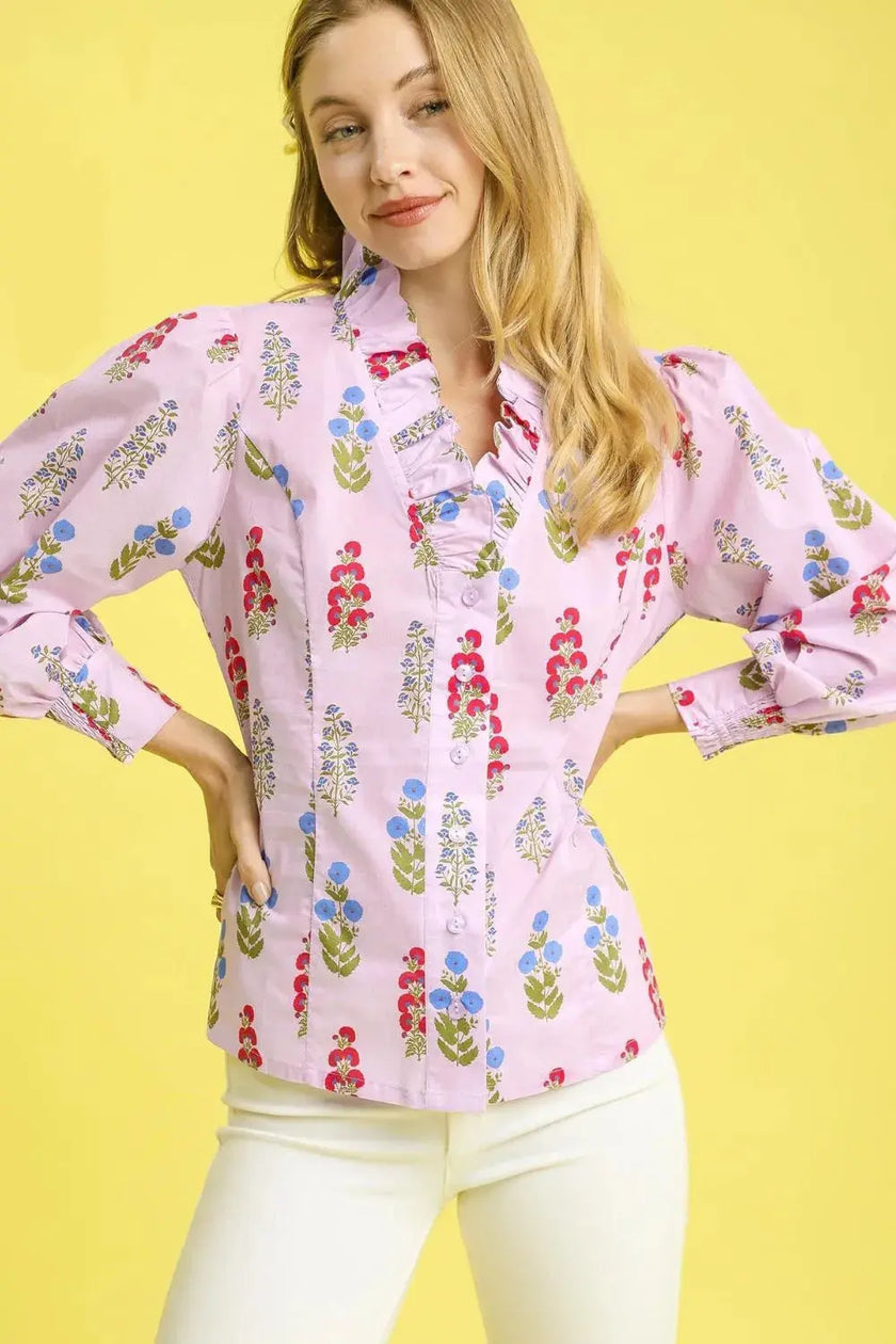 Umgee Floral Print Lantern Sleeve Button Down Blouse  Style Ratio