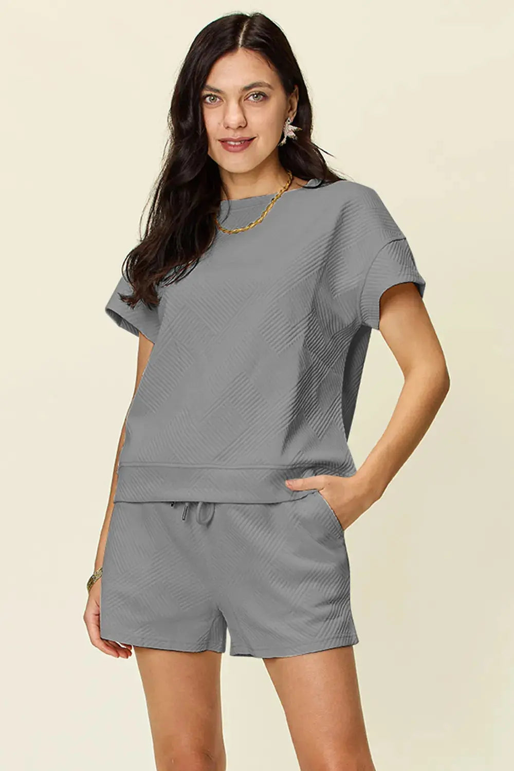 Double Take Full Size Texture Short Sleeve T-Shirt and Drawstring Shorts Set  Style Ratio
