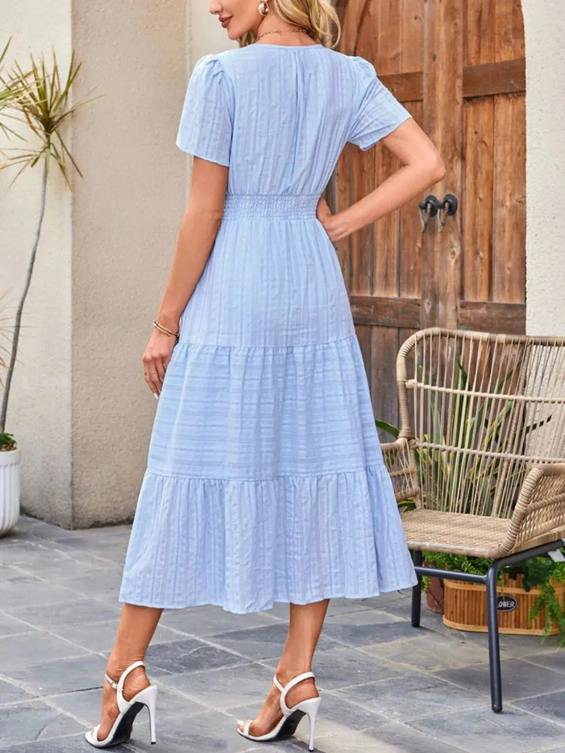 Tiered Notched Short Sleeve Dress  Style Ratio