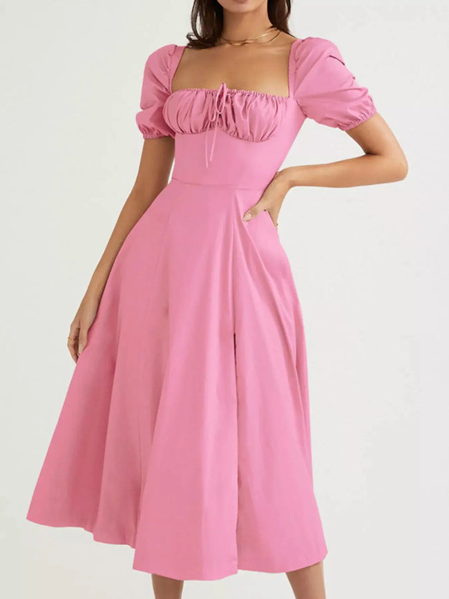 Puff Sleeve Tie Front Slit Midi Dress  Style Ratio