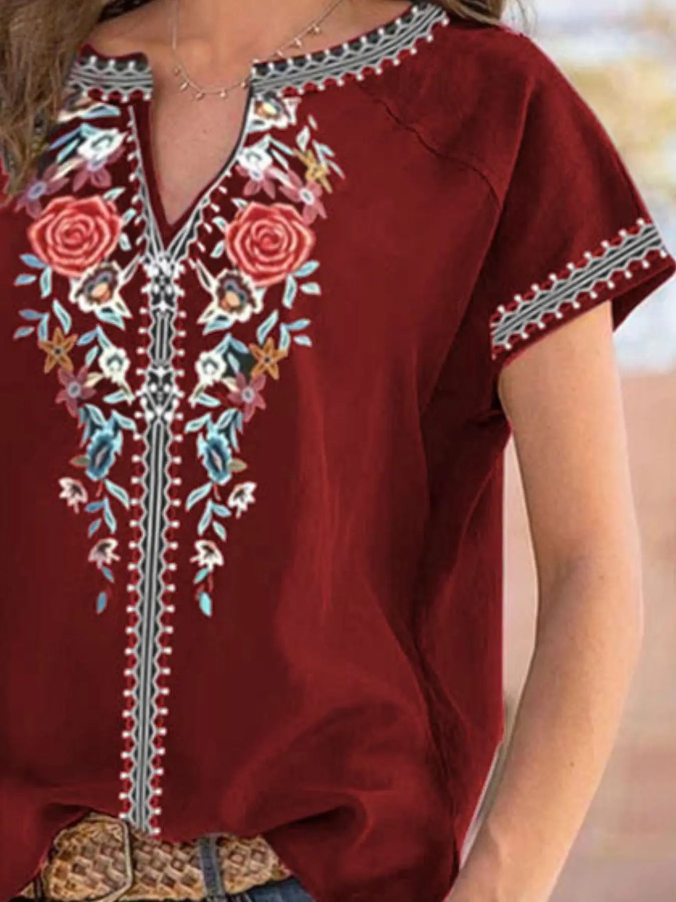Full Size Floral Notched Short Sleeve Blouse  Style Ratio