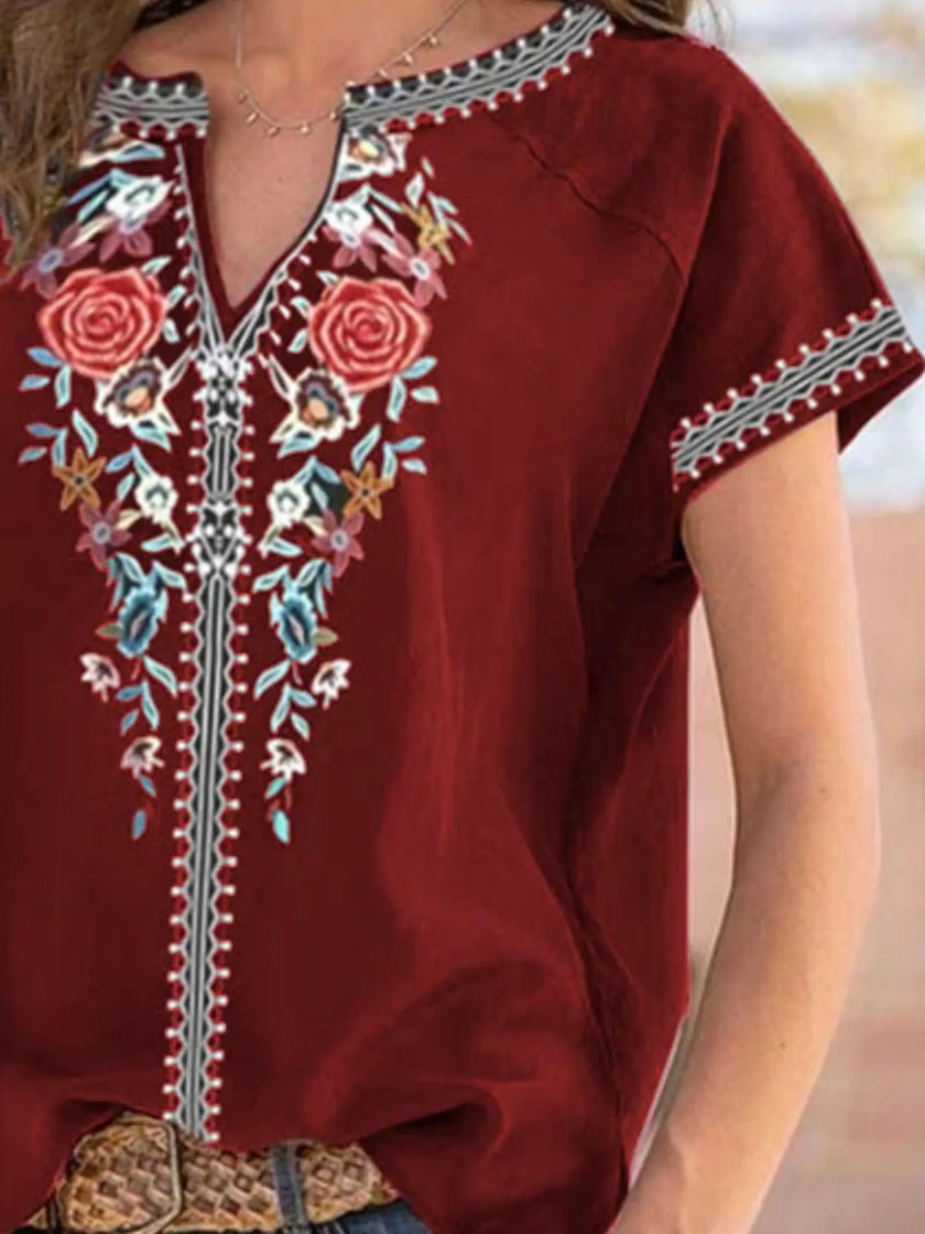 Full Size Floral Notched Short Sleeve Blouse  Style Ratio