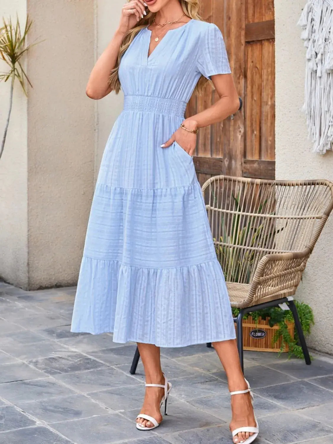 Tiered Notched Short Sleeve Dress  Style Ratio