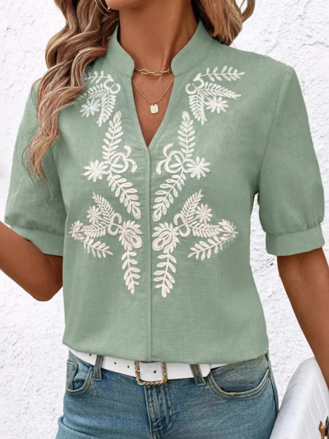 Embroidered Notched Short Sleeve Blouse  Style Ratio