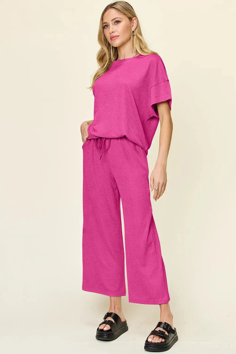 Double Take Texture Round Neck Short Sleeve Shirt and Wide Leg Pants  Style Ratio