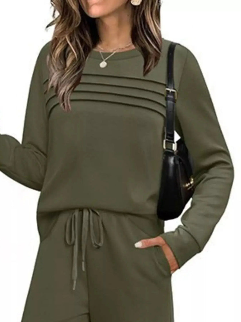 Full Size Long Sleeve Round Neck Top and Pants Set  Style Ratio