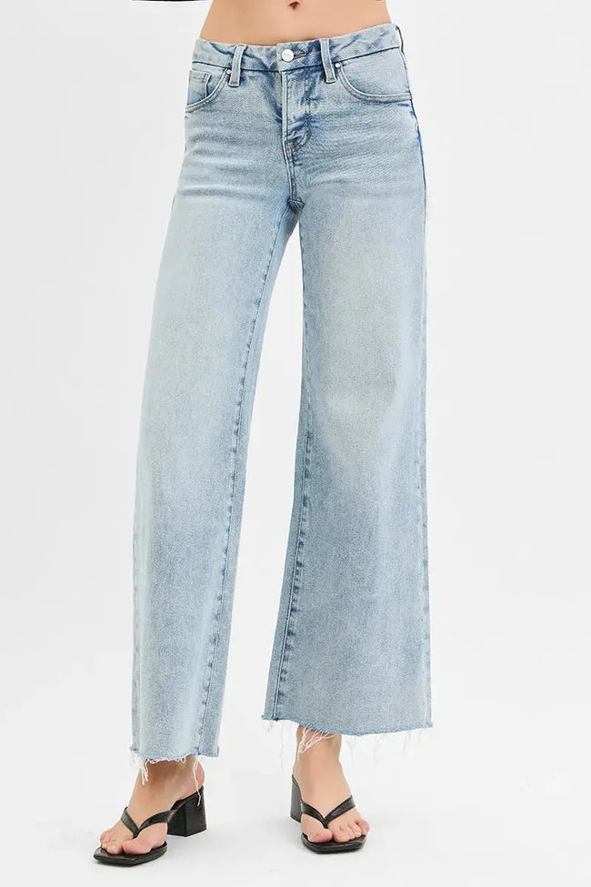 RISEN Full Size Tummy Control Low Rise Wide Leg Raw Cut Hem Jeans Plus Size  Style Ratio