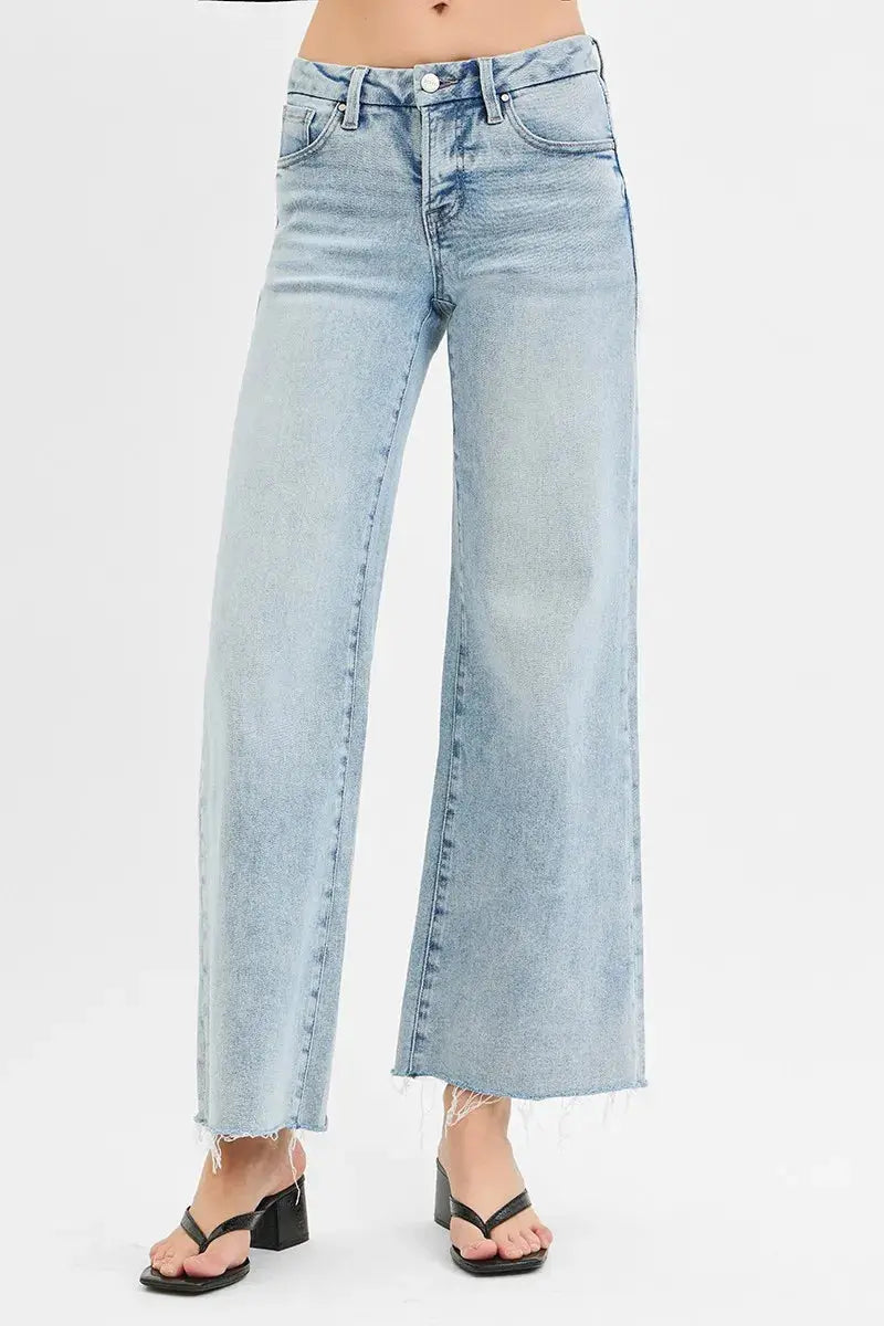 RISEN Full Size Tummy Control Low Rise Wide Leg Raw Cut Hem Jeans Plus Size  Style Ratio
