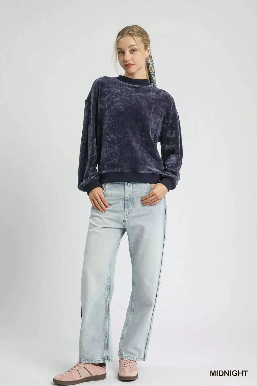 Umgee Velour Crewneck Balloon Sleeve Sweatshirt  Style Ratio