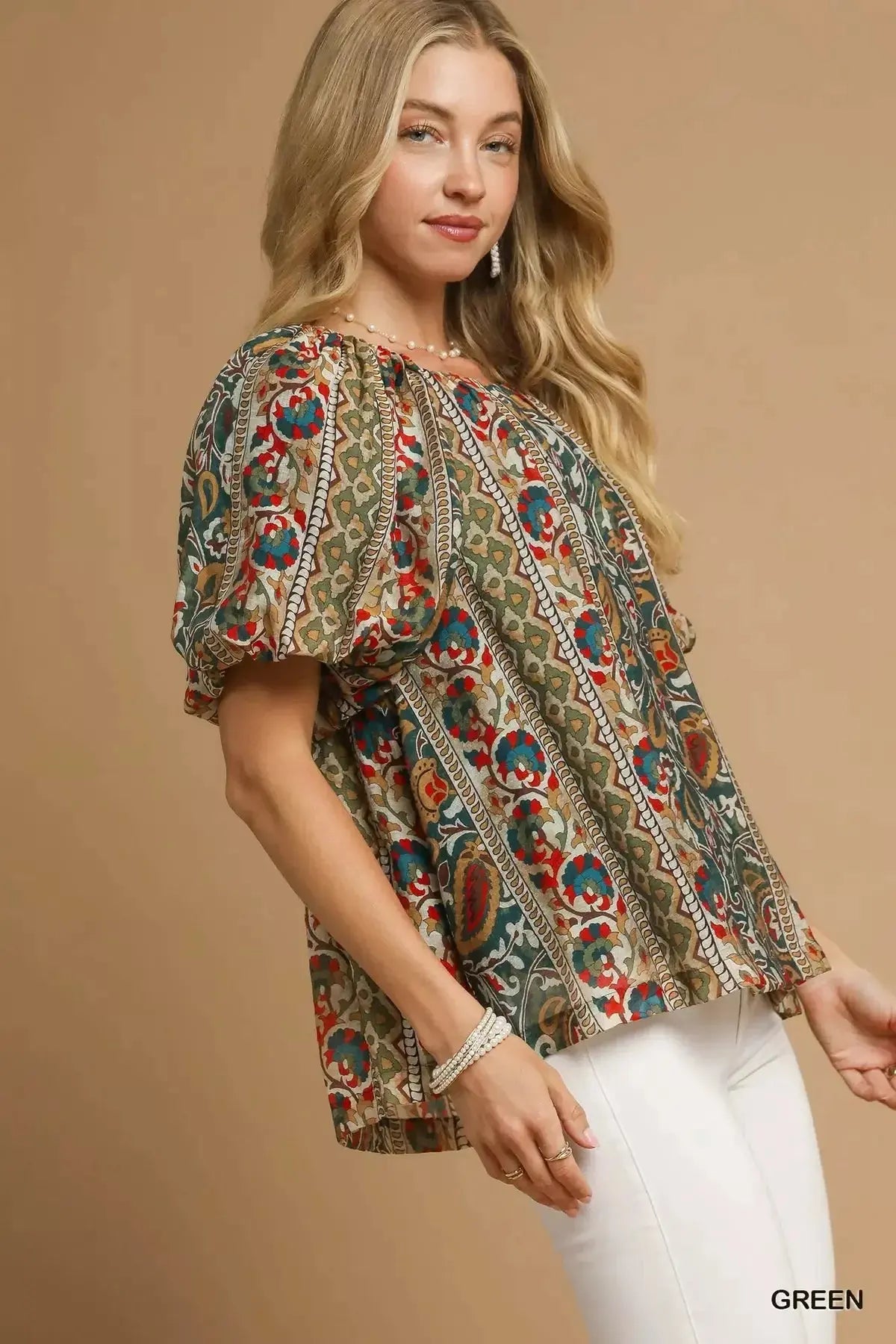 Umgee Boho Floral Stripe Puff Sleeve Blouse  Style Ratio