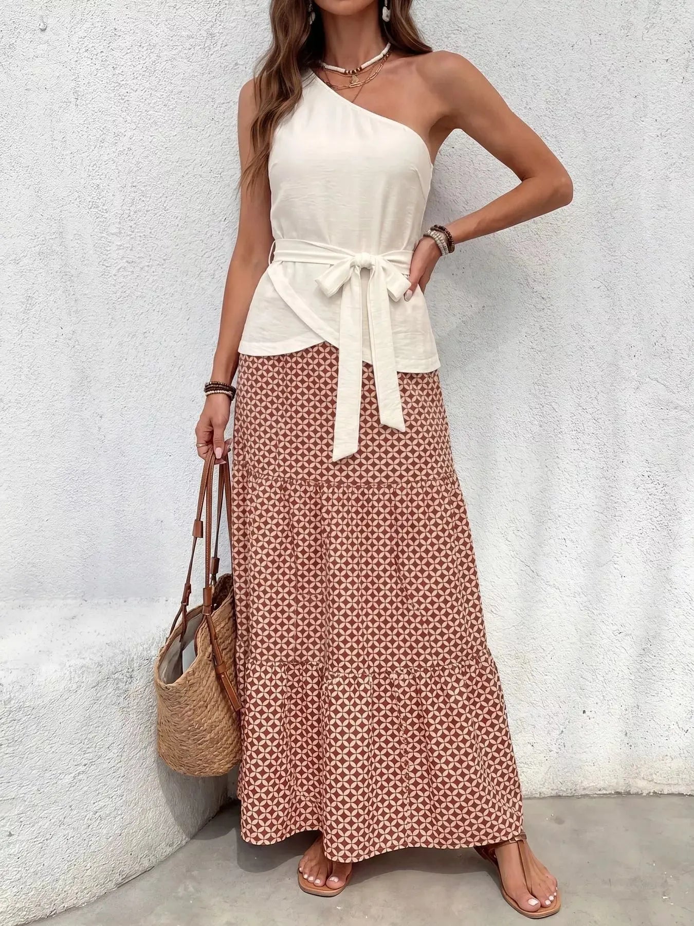 One-Shoulder Top and Geometric Print Maxi Skirt Set  Style Ratio