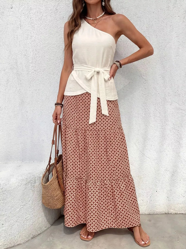 One-Shoulder Top and Geometric Print Maxi Skirt Set  Style Ratio