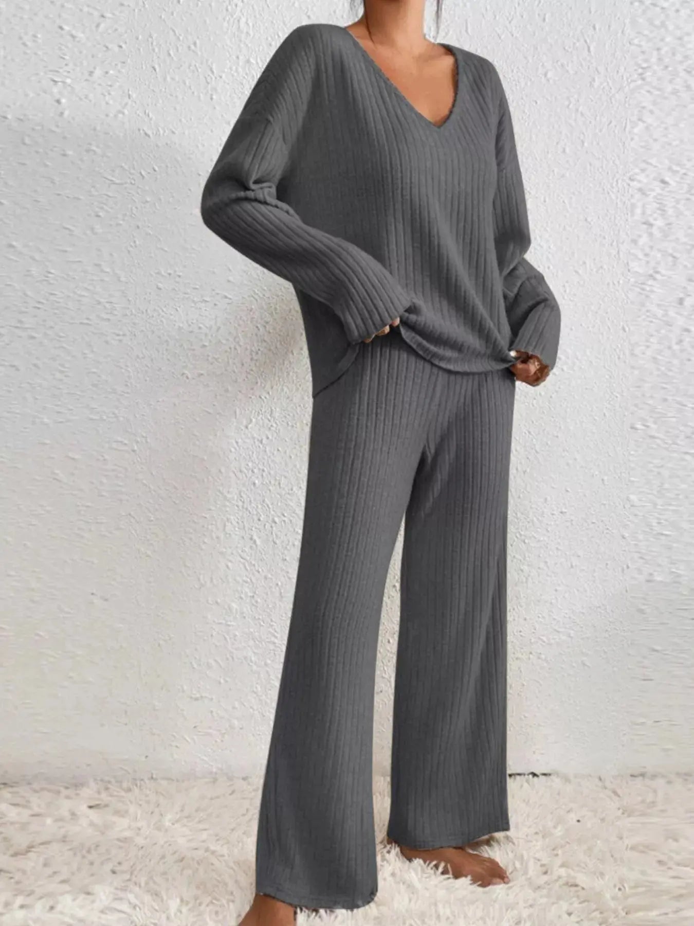 Ribbed V-Neck Top and Pants Loungewear  Style Ratio