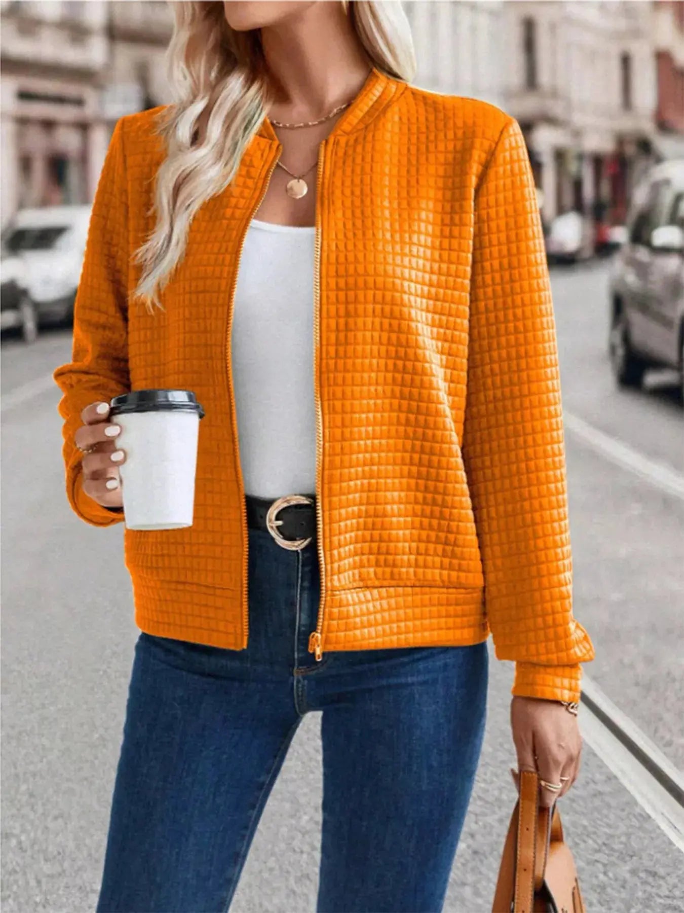Textured Zip-Up Long Sleeve Jacket  Style Ratio