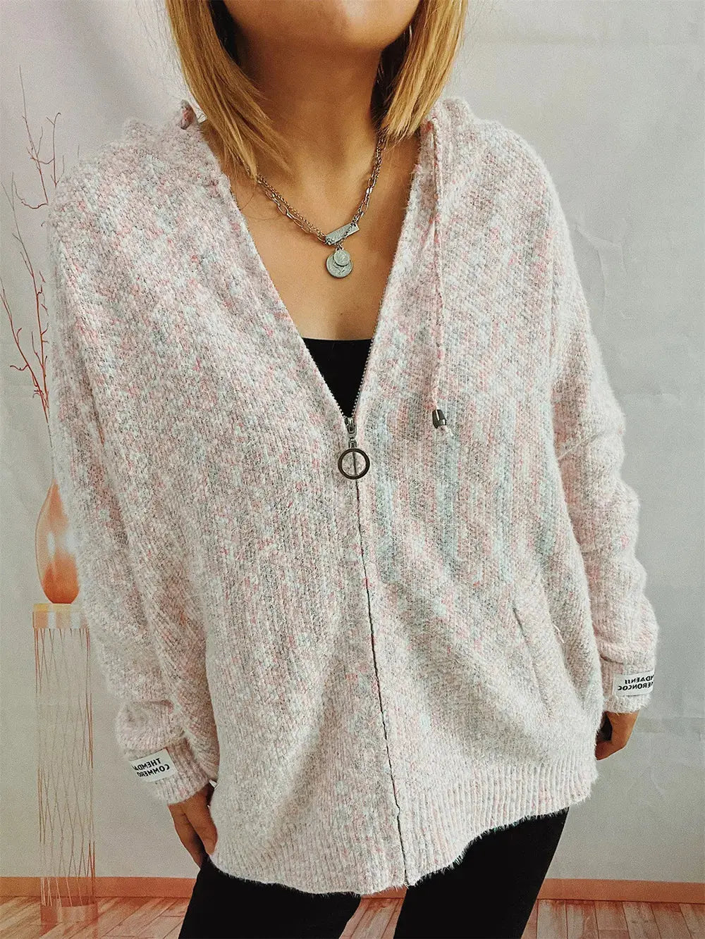 Zip Up Drawstring Long Sleeve Hooded Sweater  Style Ratio