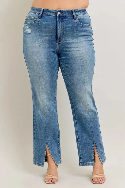 Judy Blue Full Size High Waist Vintage Wash Front Seam & Slit Straight Plus Size  Style Ratio