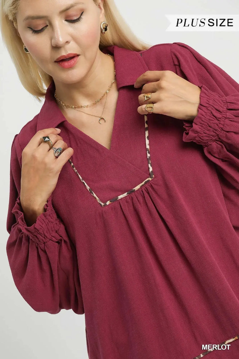 Umgee Full Size Linen Scallop Hem Blouse with Contrast Trim  Style Ratio