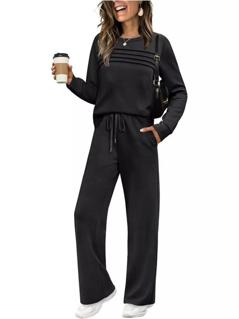 Full Size Long Sleeve Round Neck Top and Pants Set  Style Ratio