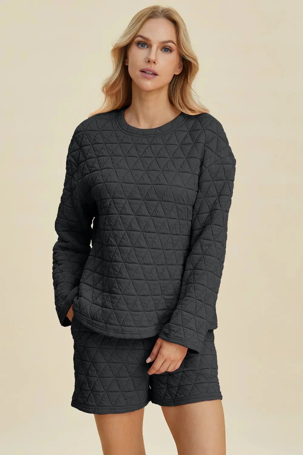 Double Take Texture Round Neck Long Sleeve Top and Shorts Set  Style Ratio