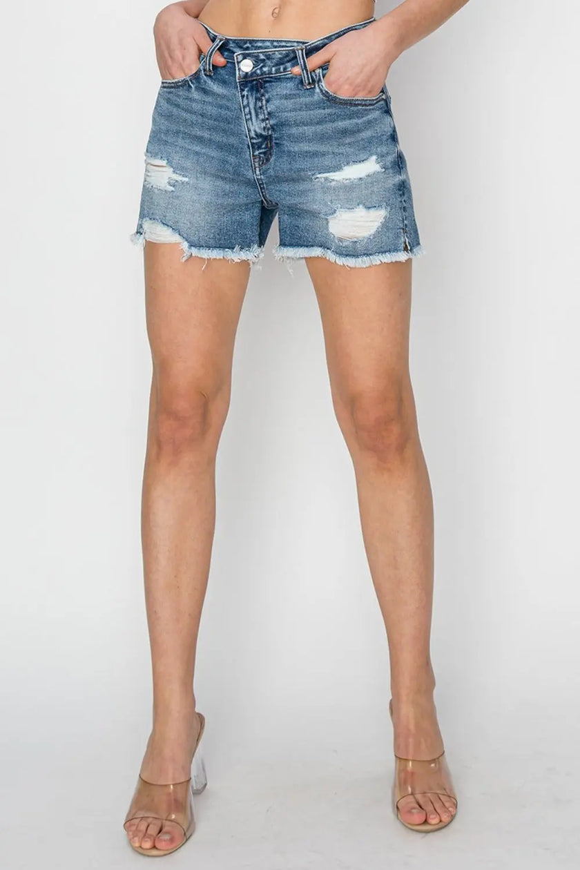 RISEN Stepped Waist Frayed Denim Shorts  Style Ratio