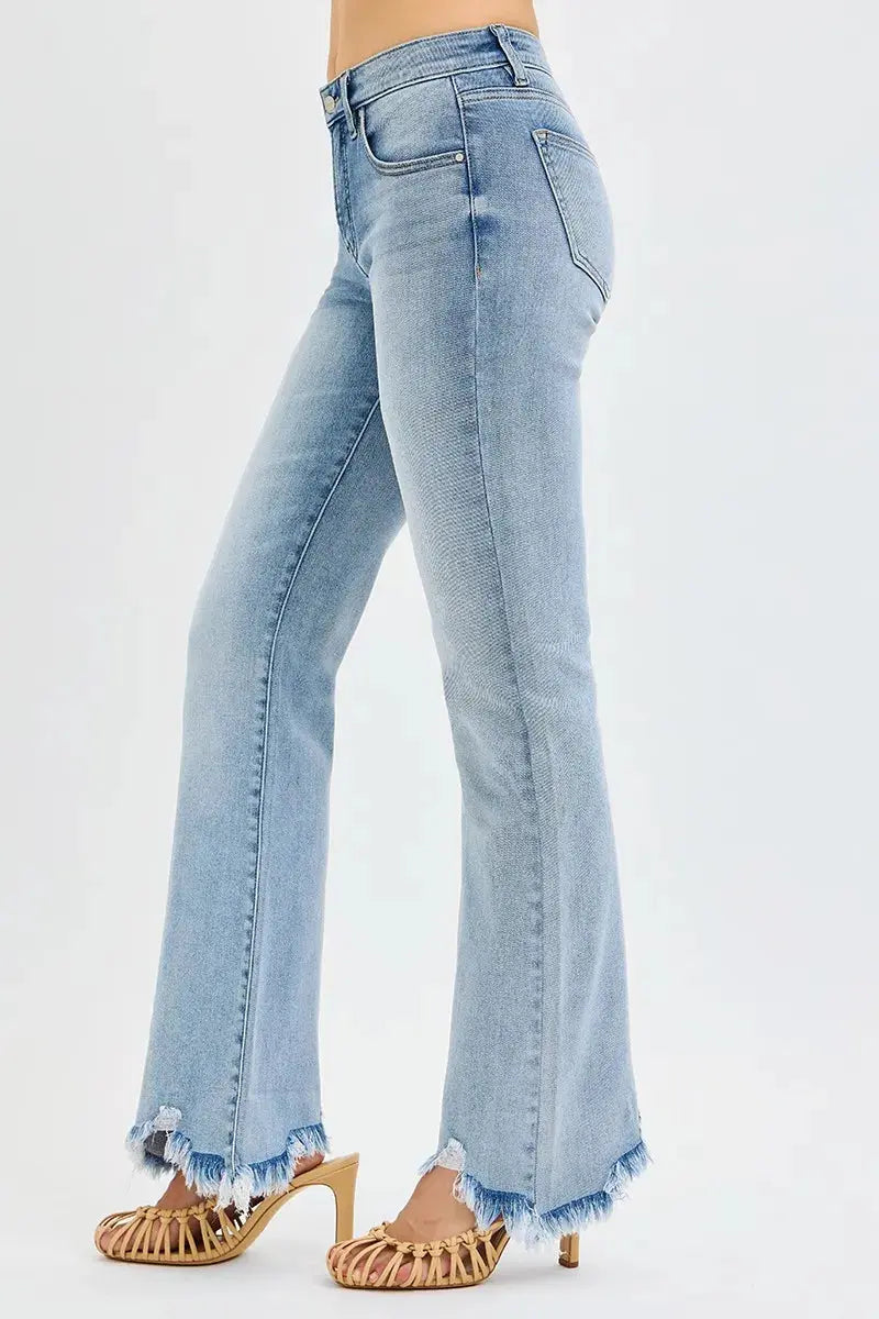 RISEN Full Size Tummy Control Mid Rise Flare Jeans with Fray Hem Detailed  Style Ratio