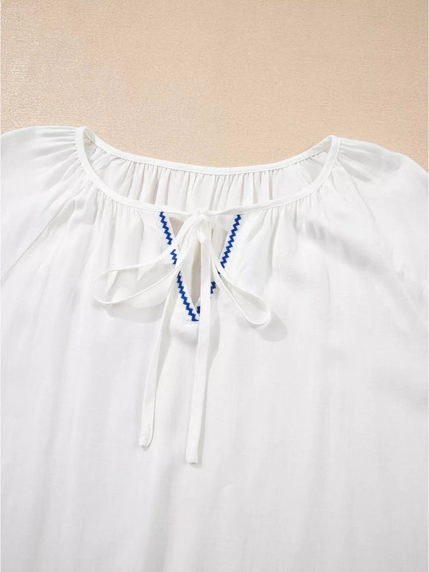 Floral Embroidered Tie Neck Blouse  Style Ratio