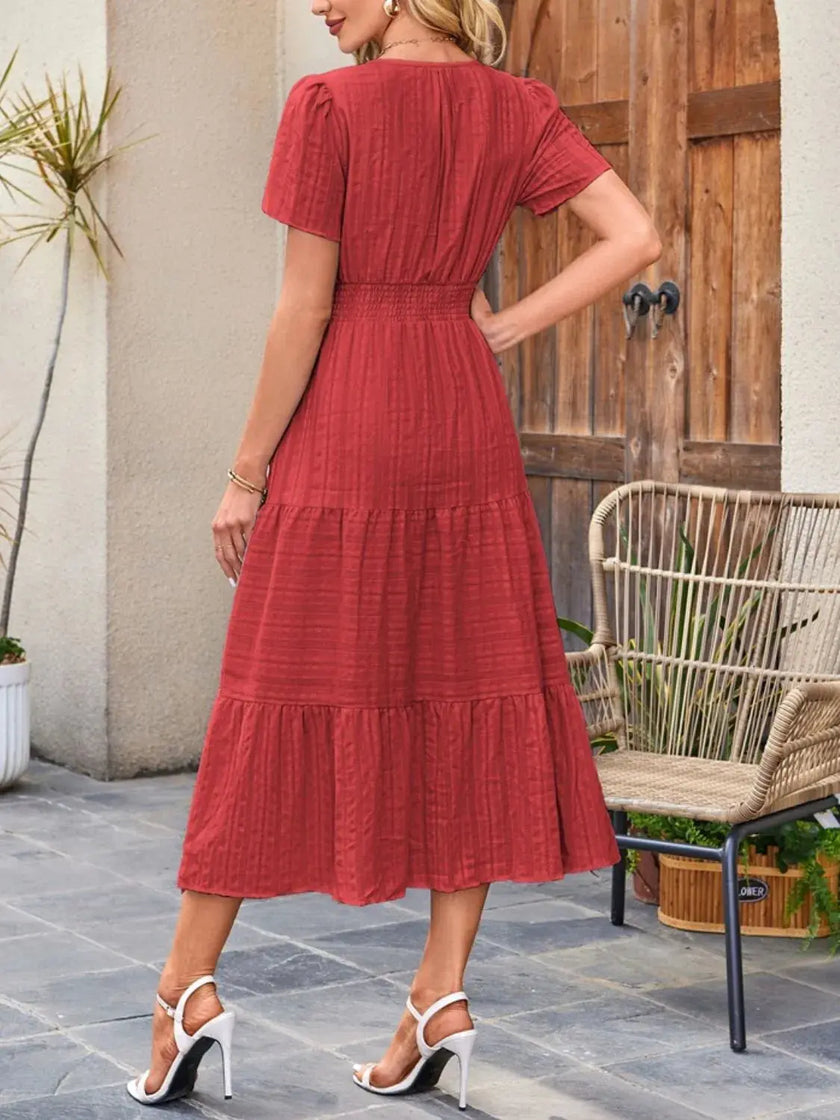 Tiered Notched Short Sleeve Dress  Style Ratio