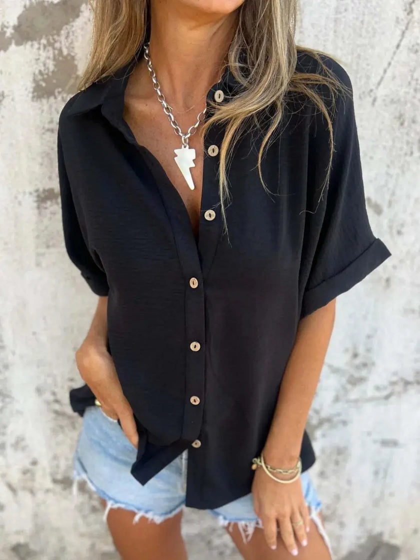 Full Size Collared Neck Half Sleeve Shirt  Style Ratio