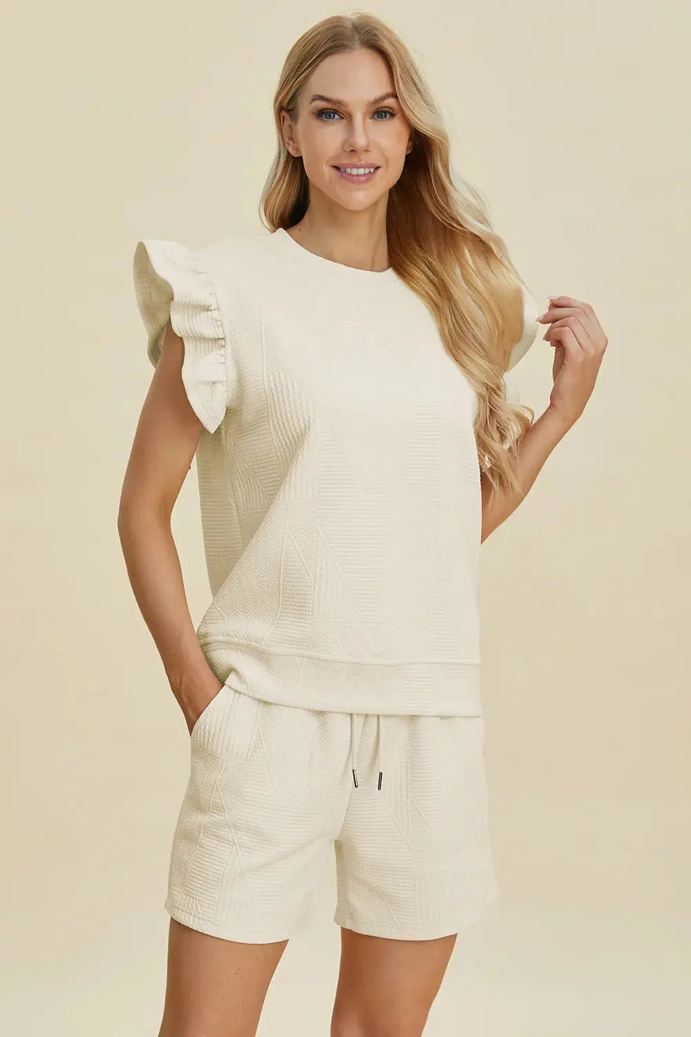 Double Take Full Size Texture Round Neck Ruffle Sleeve Top and Shorts Set  Style Ratio