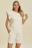 Double Take Full Size Texture Round Neck Ruffle Sleeve Top and Shorts Set  Style Ratio