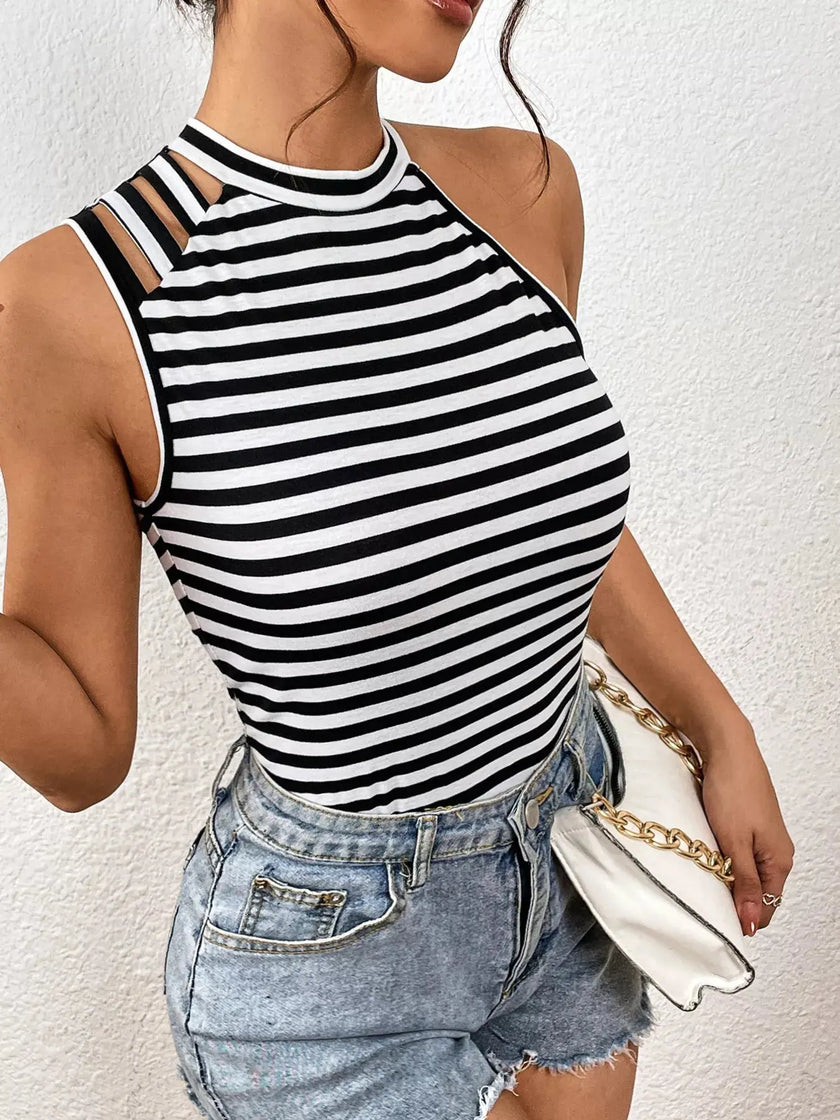 Striped Cutout Shoulder Tank Top  Style Ratio