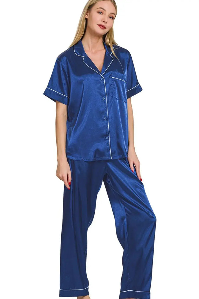 Zenana Satin Short Sleeve Top and Pants Loungewear  Style Ratio