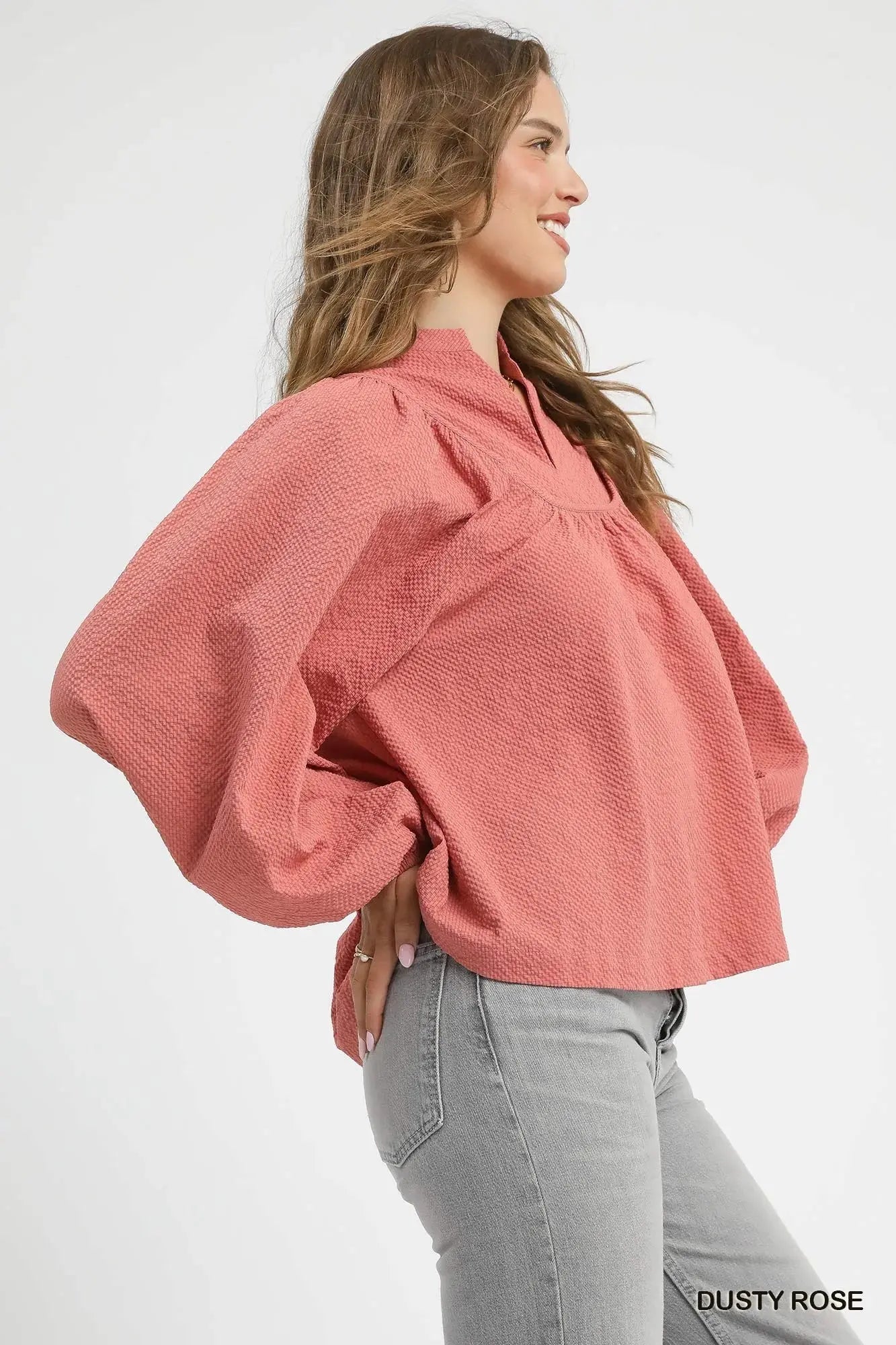 Umgee Textured Notched Blouse with Balloon Sleeves  Style Ratio