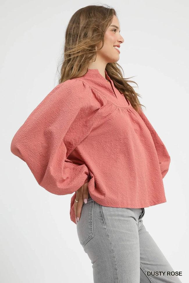 Umgee Textured Notched Blouse with Balloon Sleeves  Style Ratio