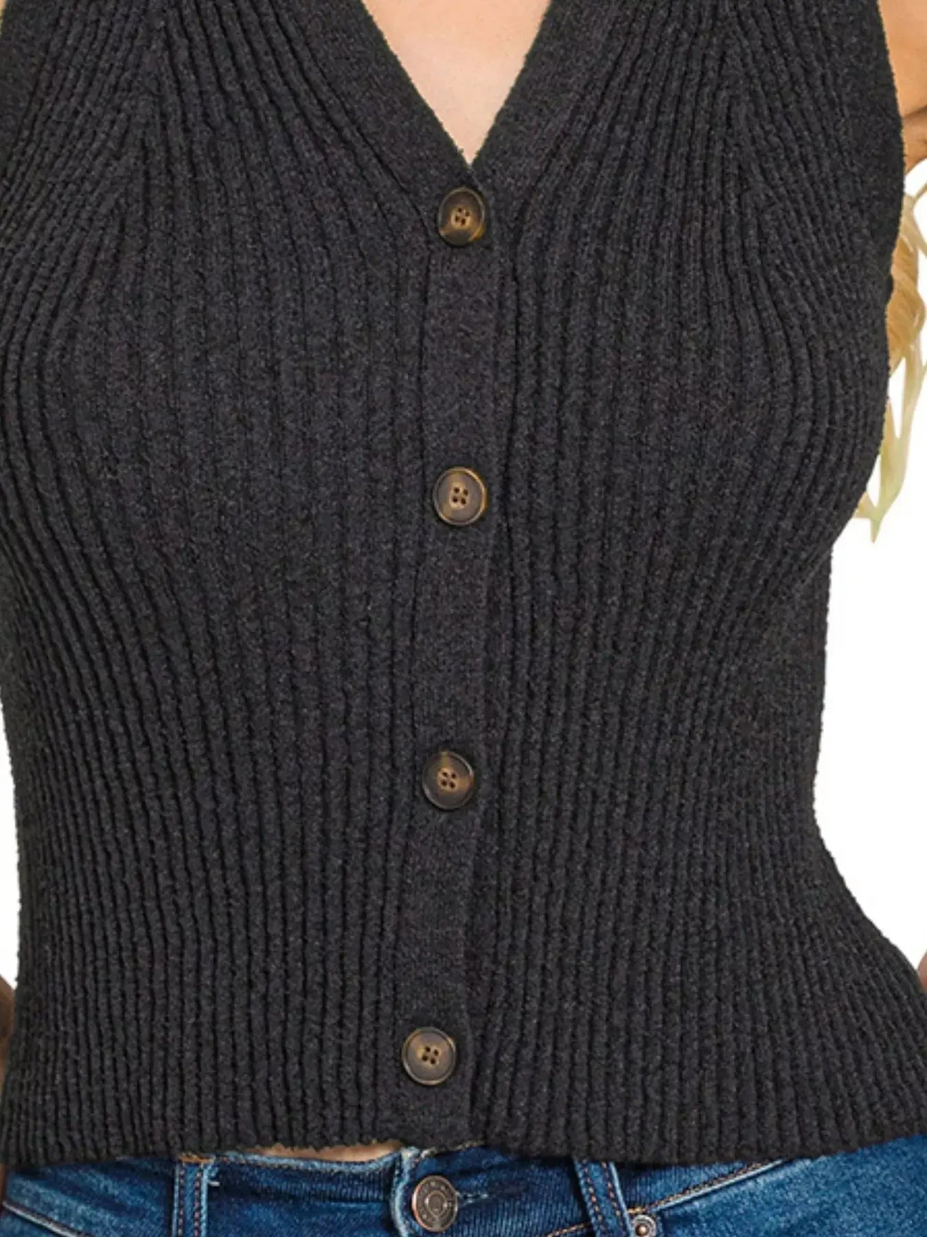 Zenana Ribbed Knit Button-Down Sweater Vest  Style Ratio