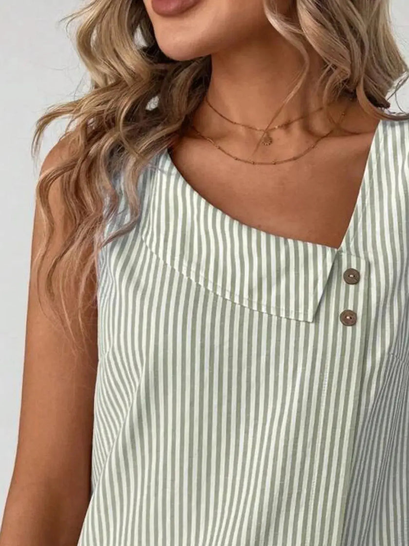 Decorative Button Asymmetrical Striped Tank Top  Style Ratio