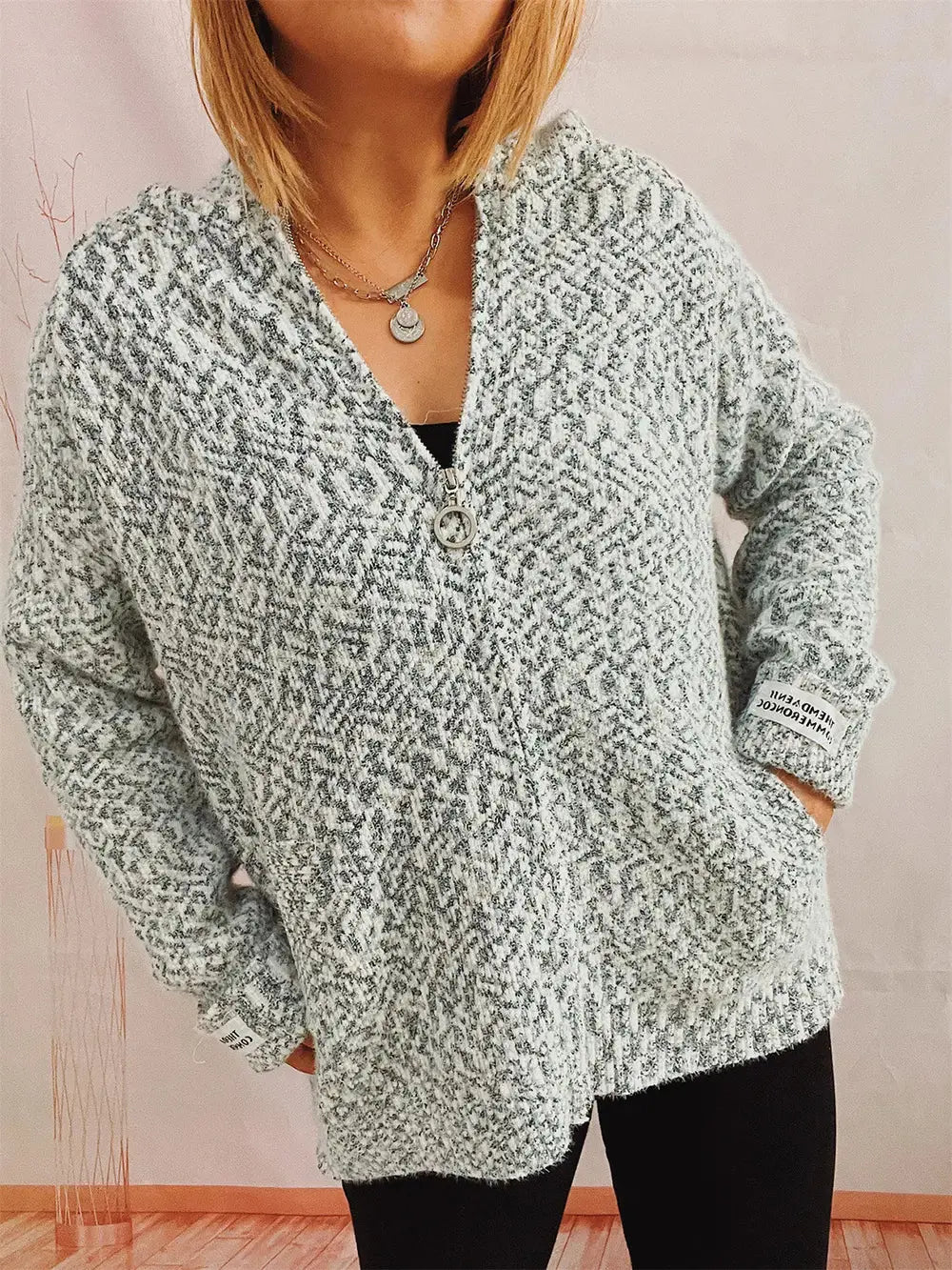 Zip Up Drawstring Long Sleeve Hooded Sweater  Style Ratio