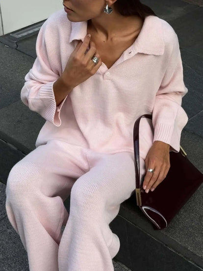 Polo Collar Top and Wide Leg Pants Knit Set  Style Ratio