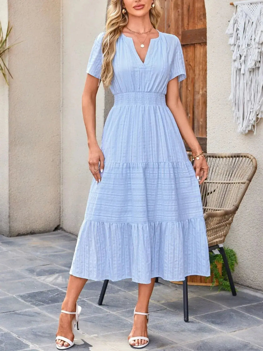 Tiered Notched Short Sleeve Dress  Style Ratio
