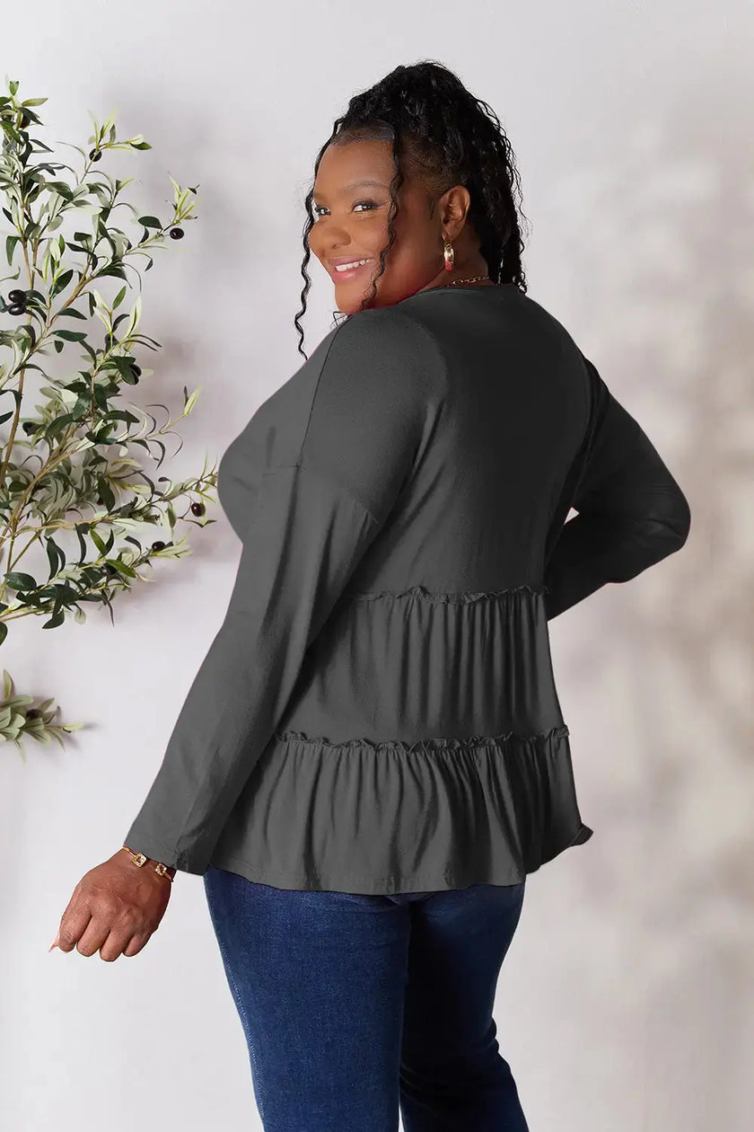Double Take Half Button Long Sleeve Ruffle Hem Blouse  Style Ratio