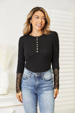 Double Take Crochet Lace Hem Sleeve Button Long Sleeve Top  Style Ratio