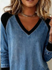 Full Size Patchwork V-Neck Long Sleeve Blouse Plus Size  Style Ratio