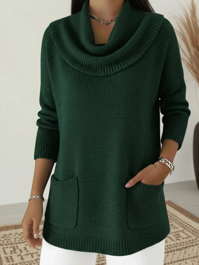 Full Size Cowl Neck Long Sleeve Sweater with Pockets  Style Ratio
