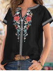 Full Size Floral Notched Short Sleeve Blouse  Style Ratio