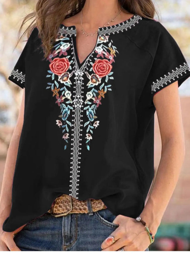 Full Size Floral Notched Short Sleeve Blouse  Style Ratio