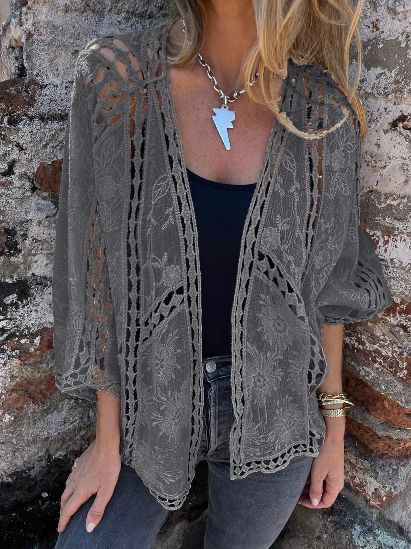 Full Size Embroidered Open Front Cardigan Plus Size  Style Ratio