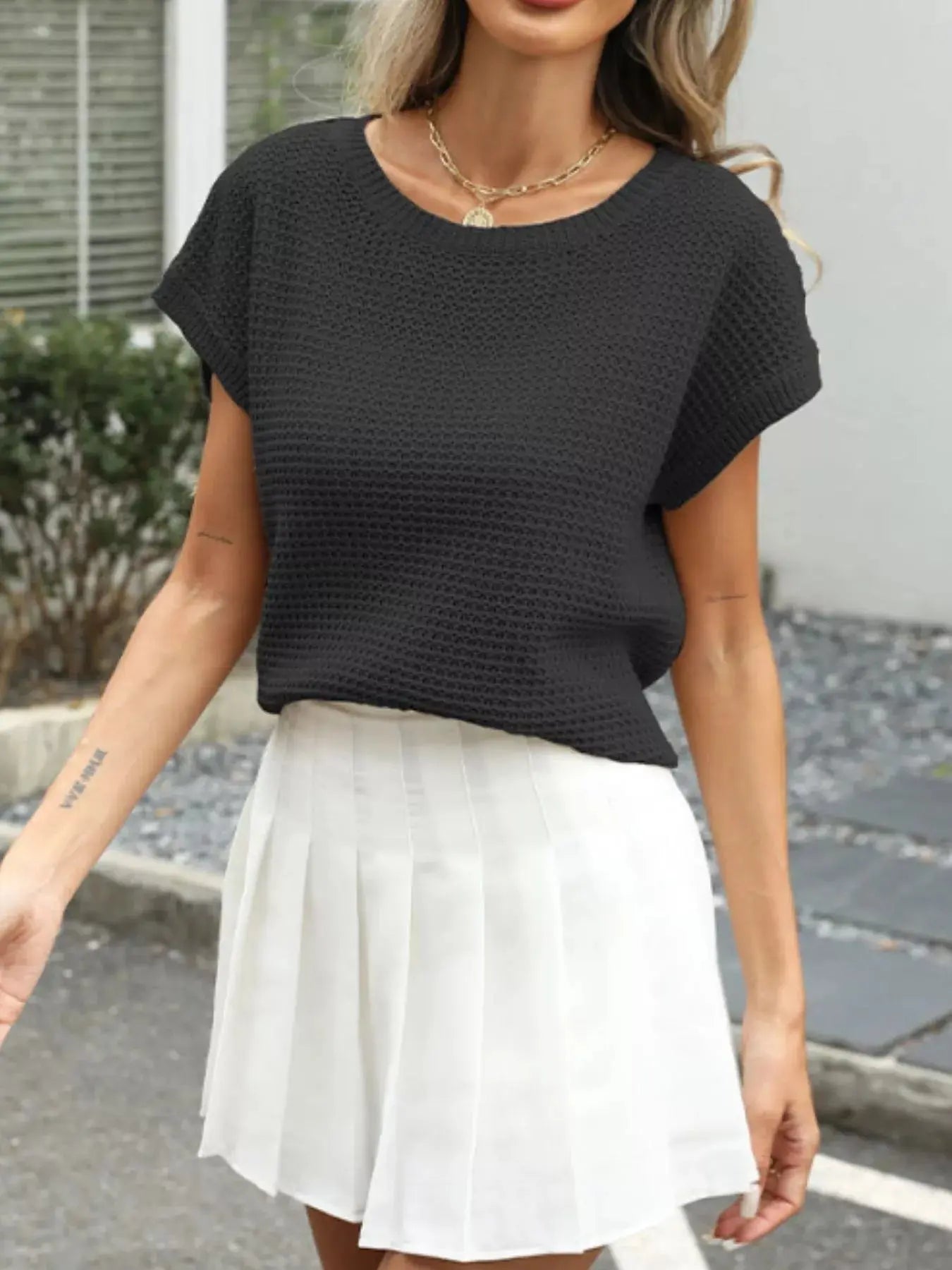 Round Neck Waffle Knit Top  Style Ratio