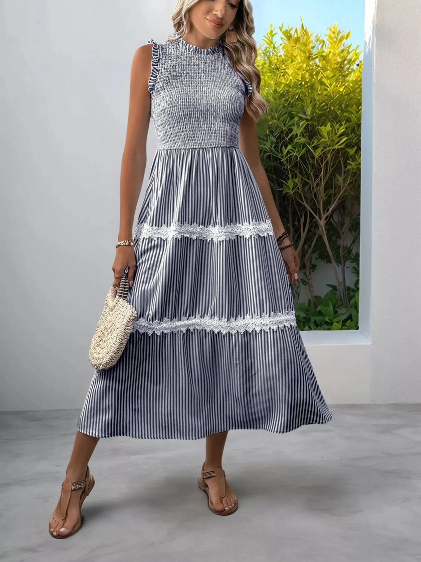 Smocked Striped Lace Trim Sleeveless Midi Dress  Style Ratio